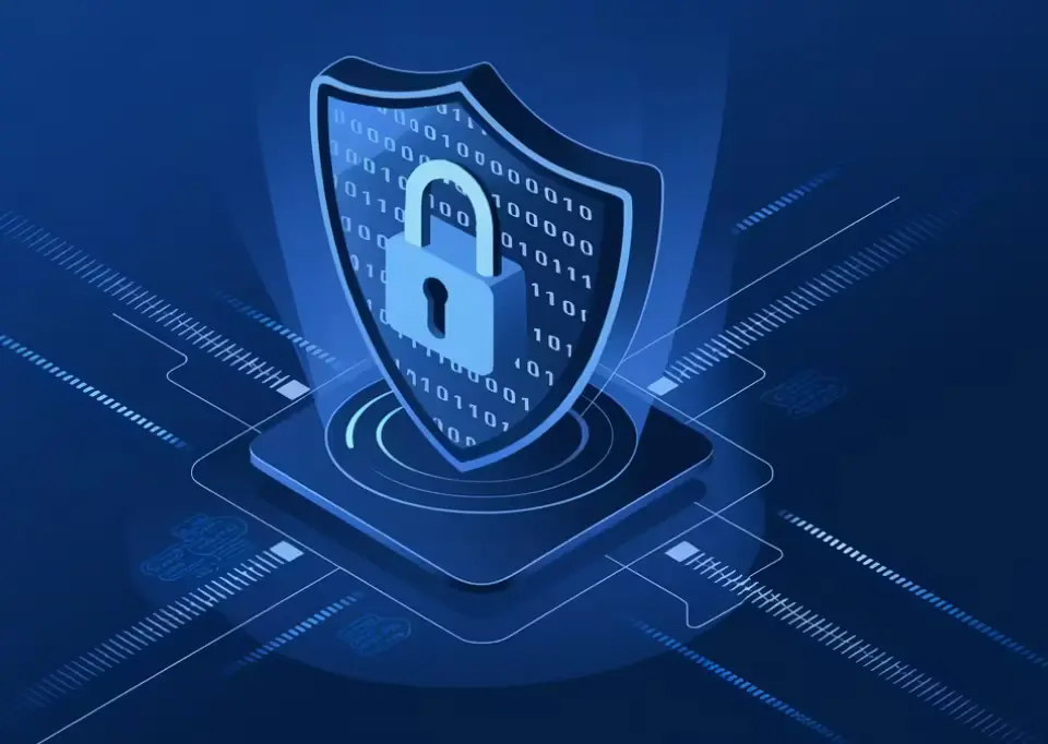 Protection des données et cybersécurité illustrée par un réseau informatique sécurisé avec un cadenas et un bouclier numérique.