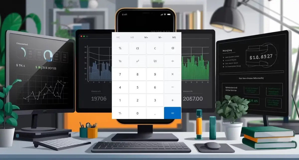 ChatGPT Calculatrice : Interface de calculatrice virtuelle ChatGPT avec IA, affichant des calculs et des équations sur un fond futuriste bleu.