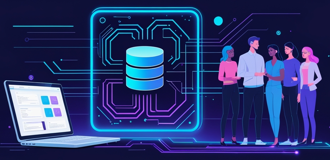 Illustration Post SQL 2024 : tables SQL classiques à gauche, blocs de données Post-SQL modernes à droite, reliés par des flèches d’évolution.