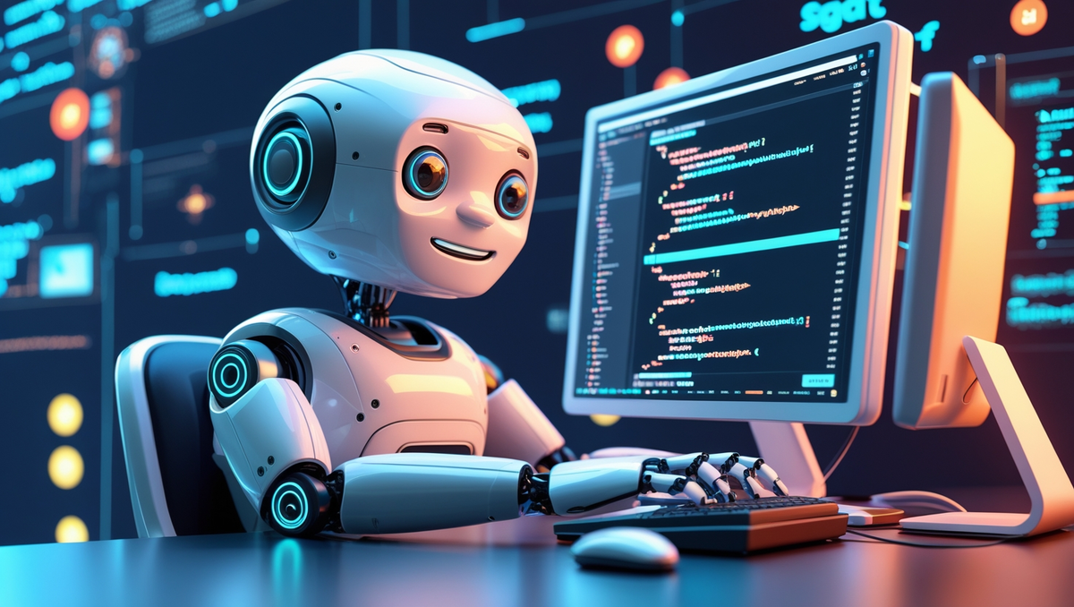 Robot intelligent illustrant ChatGPT pour le Développement Web en train d’écrire du code.