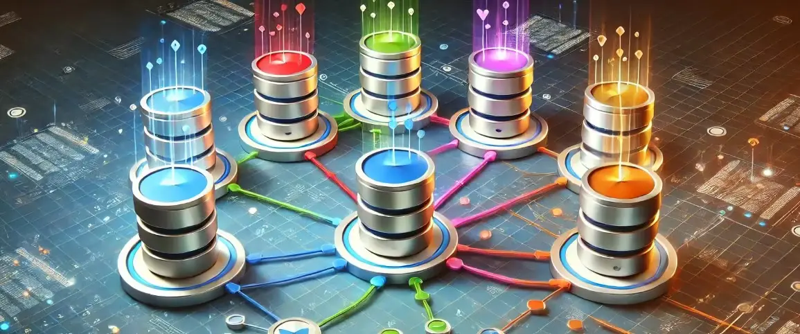 Illustration des meilleures bases de données en 2024 : MySQL, PostgreSQL, MongoDB, Oracle et Firebase connectées dans un réseau futuriste.