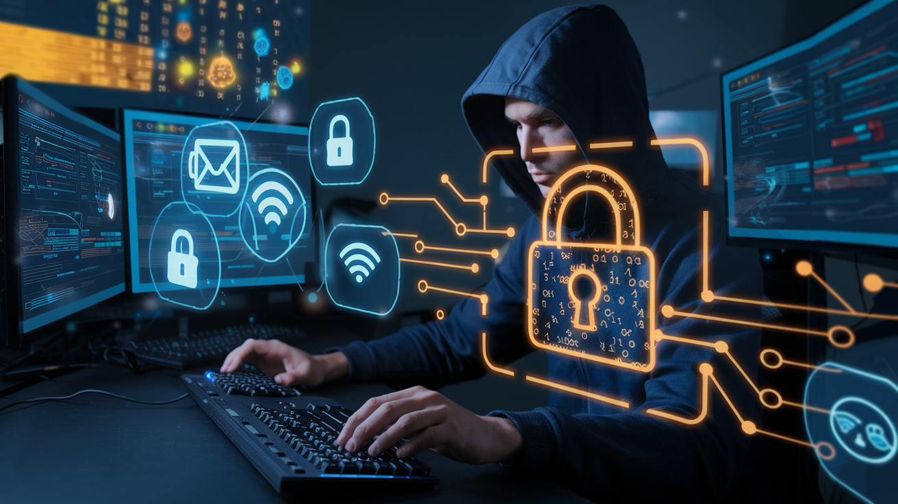 Sécurité Informatique Astuces: Illustration d'un ransomware : un message d'alerte rouge sur un écran d'ordinateur avec un hacker masqué à l'arrière-plan.