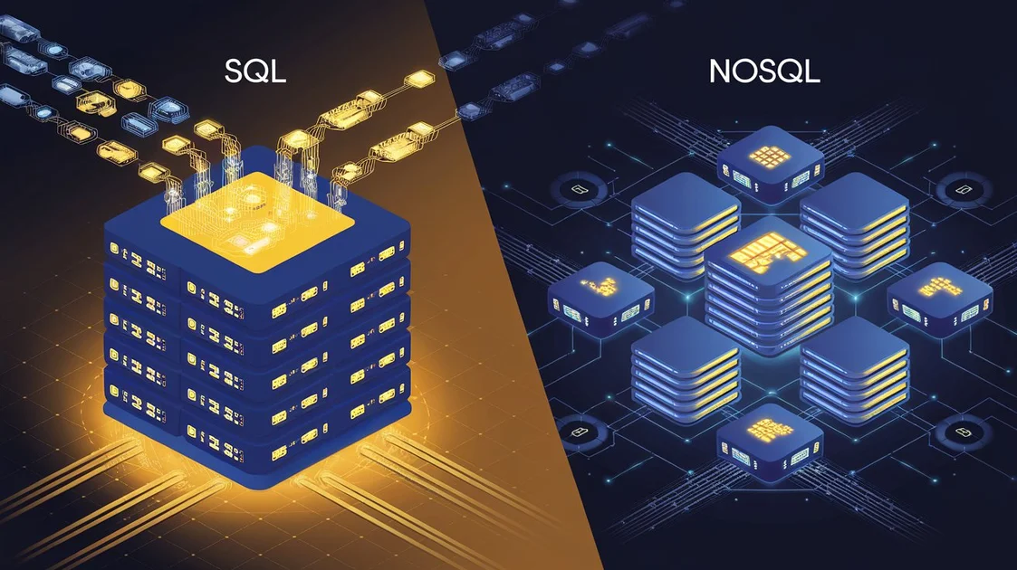 Comparaison visuelle entre SQL et NoSQL avec des serveurs centralisés et distribués, illustrant les différences entre les deux bases de données.
