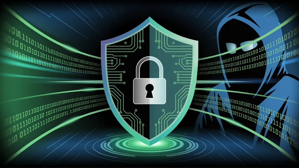 Protection des données et cybersécurité illustrée par un réseau informatique sécurisé avec un cadenas et un bouclier numérique.