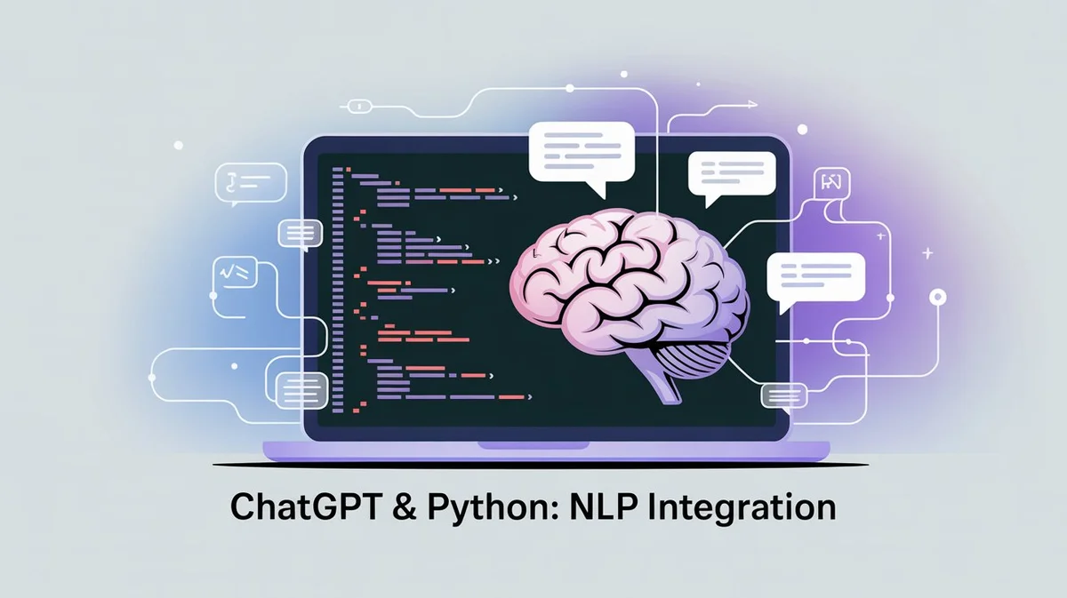 Illustration représentant ChatGPT et Python pour le NLP avec un ordinateur affichant du code Python et des bulles de dialogue intelligentes.