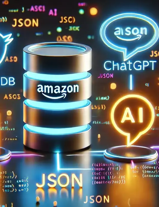 Illustration of Amazon DynamoDB and ChatGPT interacting in a futuristic digital environment, featuring a database icon connected to an AI brain with JSON-like documents flowing between them, emphasizing scalability and innovation