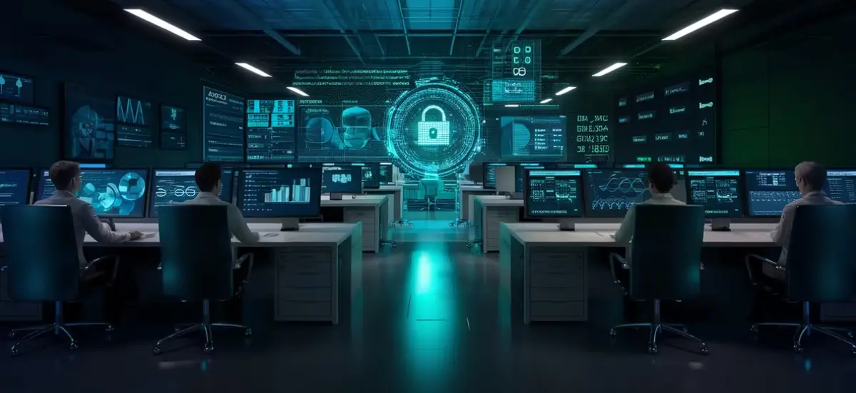Centre d’opérations de cybersécurité montrant des menaces en temps réel avec un tableau de bord numérique moderne.