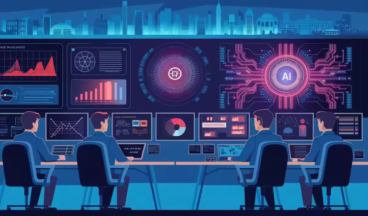 IA et Cybersécurité : Centre de cybersécurité utilisant l’intelligence artificielle pour surveiller et détecter des menaces en temps réel avec des flux de données avancés.