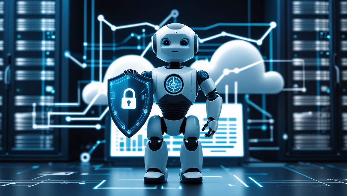 Illustration de la cybersécurité en tant que service avec un robot IA protégeant des données cloud grâce à un bouclier numérique et un pare-feu virtuel.