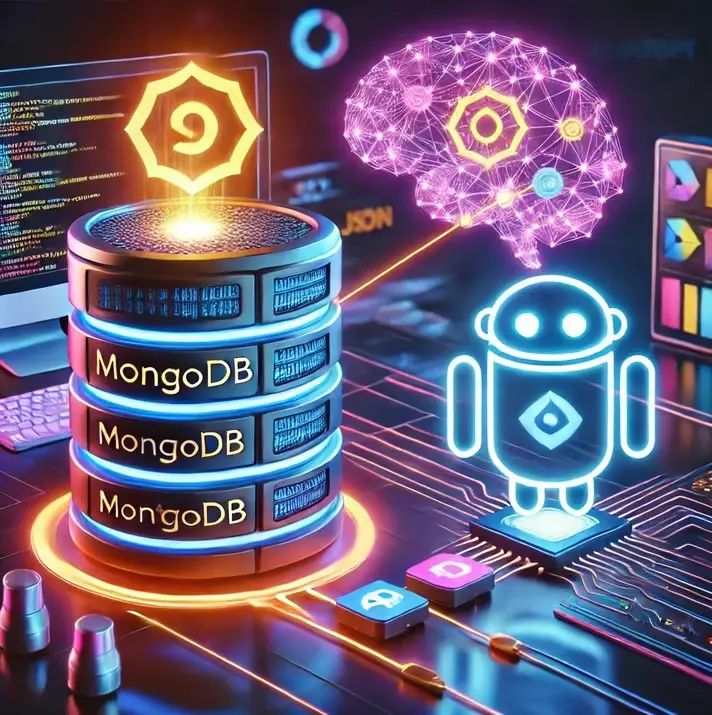 Illustration representing the collaboration between MongoDB and ChatGPT, showcasing a server with the MongoDB logo storing structured data and a glowing AI brain symbolizing ChatGPT interacting with the data, set in a futuristic digital workspace.