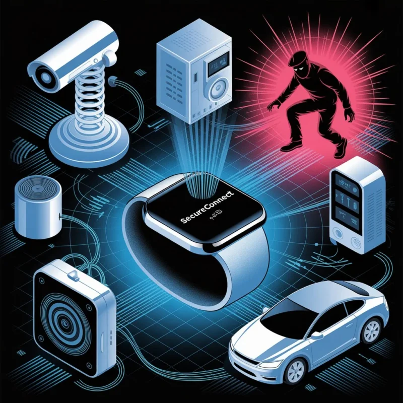 Illustration des menaces IoT avec des appareils connectés protégés par des boucliers de cybersécurité.