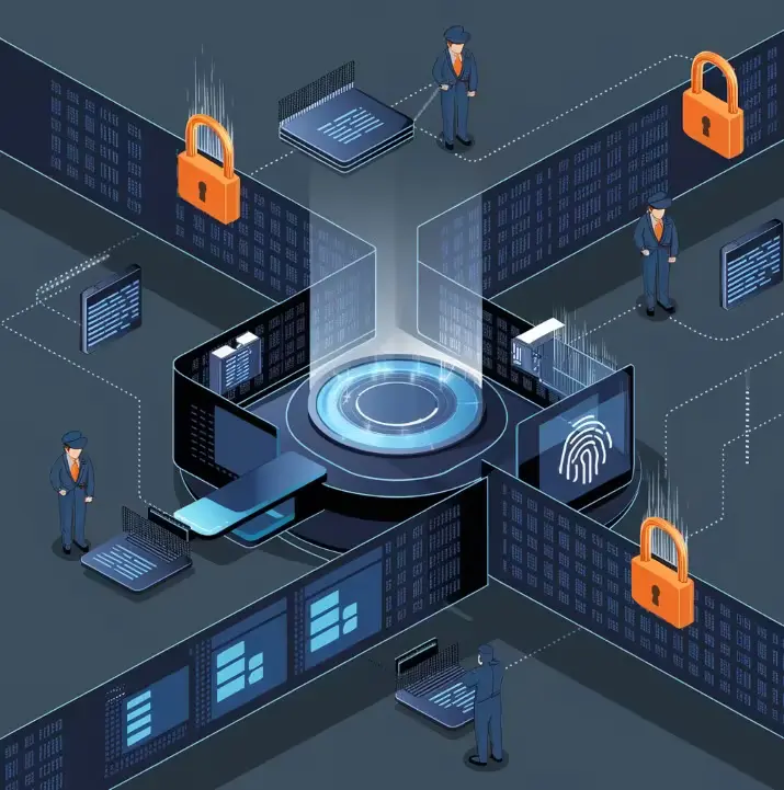 Illustration d’une architecture Zero Trust avec des zones compartimentées, des cadenas numériques et une surveillance active des accès réseau.