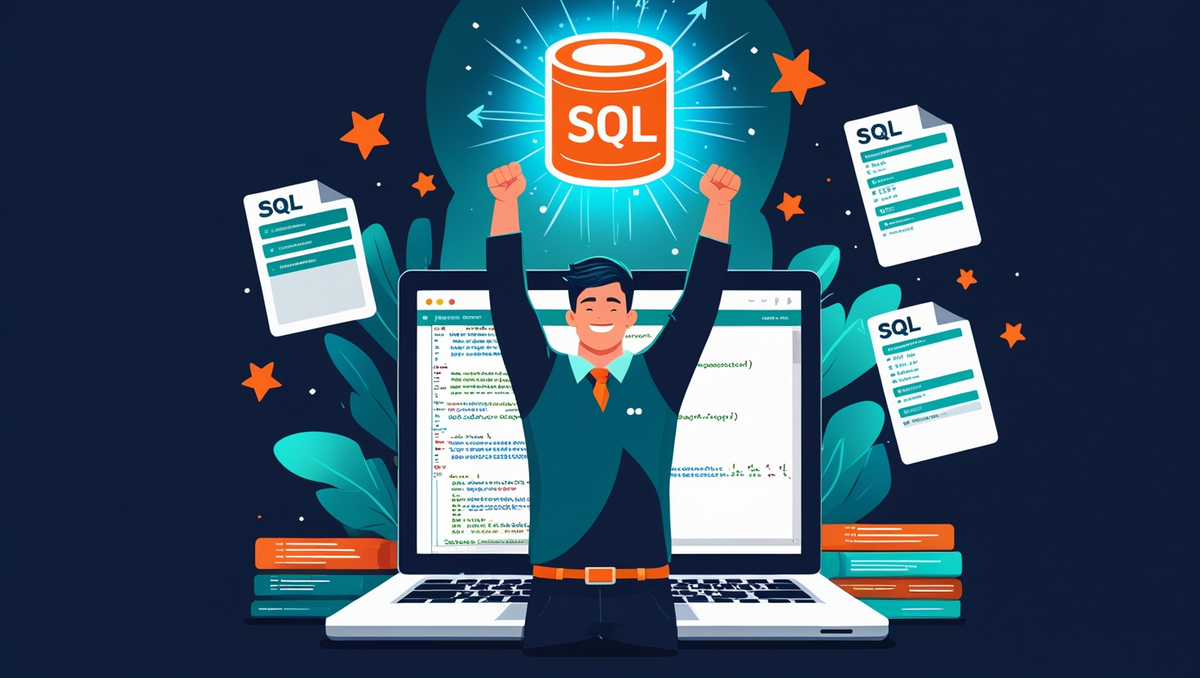 Illustration “Maîtriser SQL” : développeur levant un icône base de données lumineuse au-dessus d’un ordinateur affichant du code SQL.
