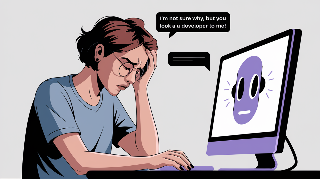 Développeuse frustrée devant un ordinateur affichant une IA qui ne comprend pas son contexte. Illustration humoristique sur les limites de l’intelligence artificielle générative.