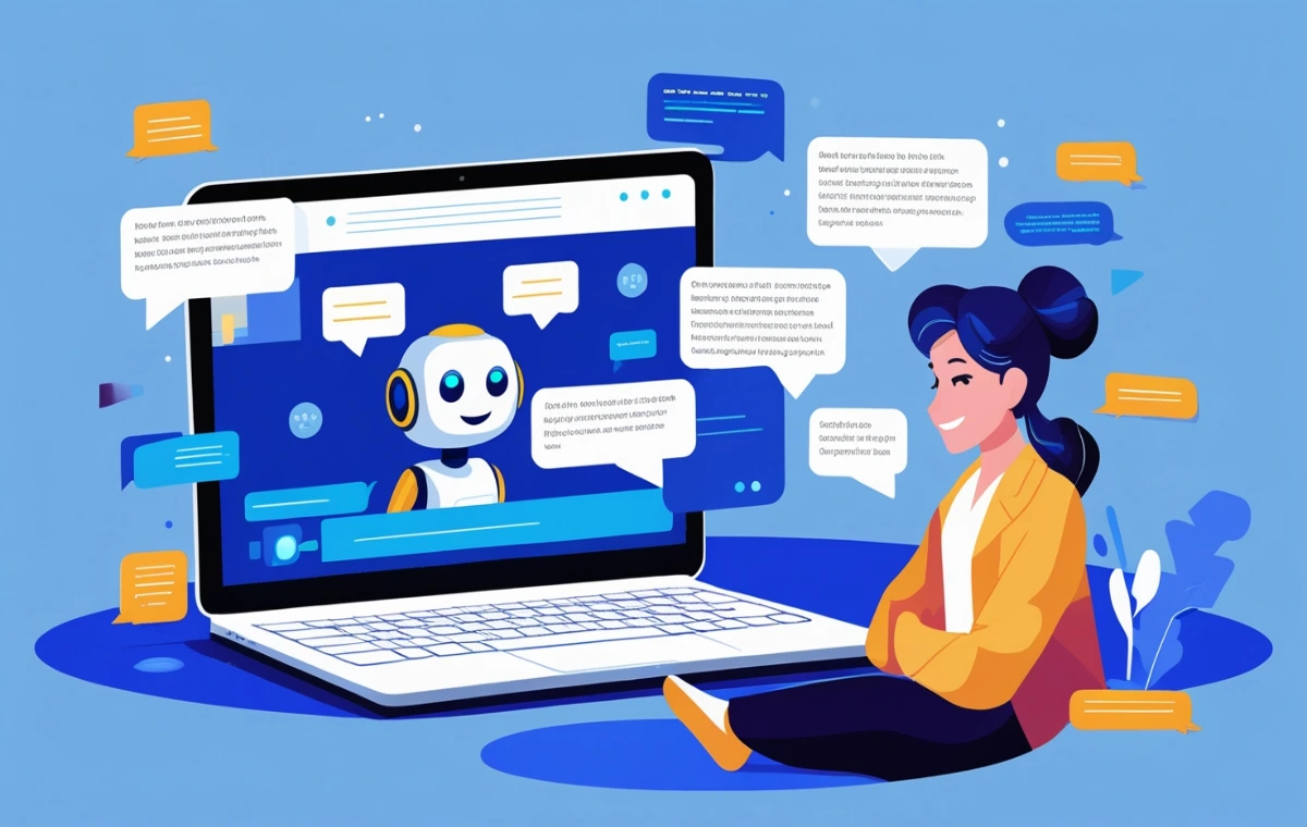 Illustration d’un chatbot futuriste interagissant avec un utilisateur sur écran, utilisée pour un article sur comment créer un chatbot