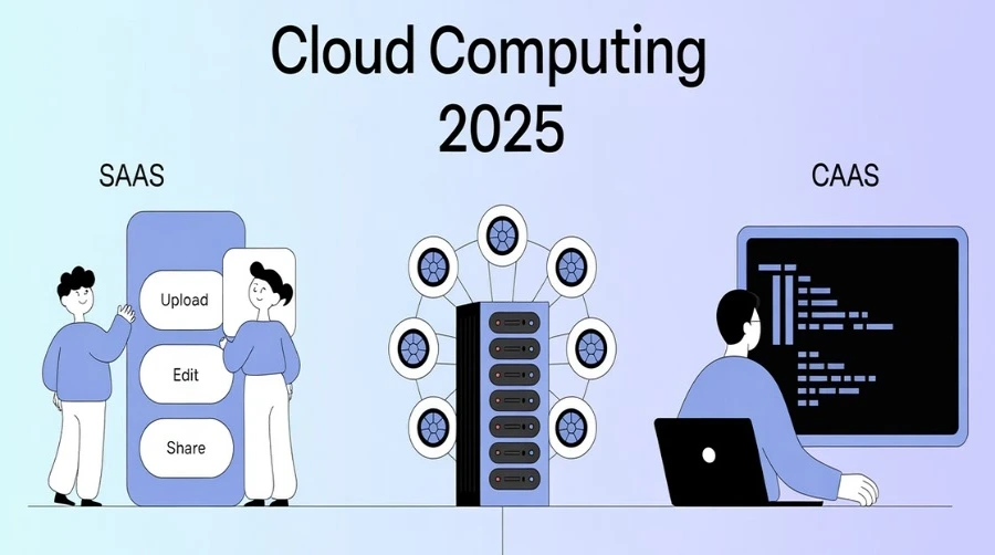 Image représentant l’avenir du cloud computing en 2025, comparant les modèles SaaS et CaaS à travers une illustration moderne et technologique.