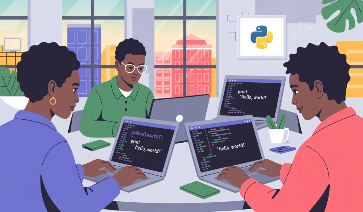 Image représentant plusieurs personnes apprenant à coder des projets Python sur ordinateur dans un environnement moderne et motivant.
