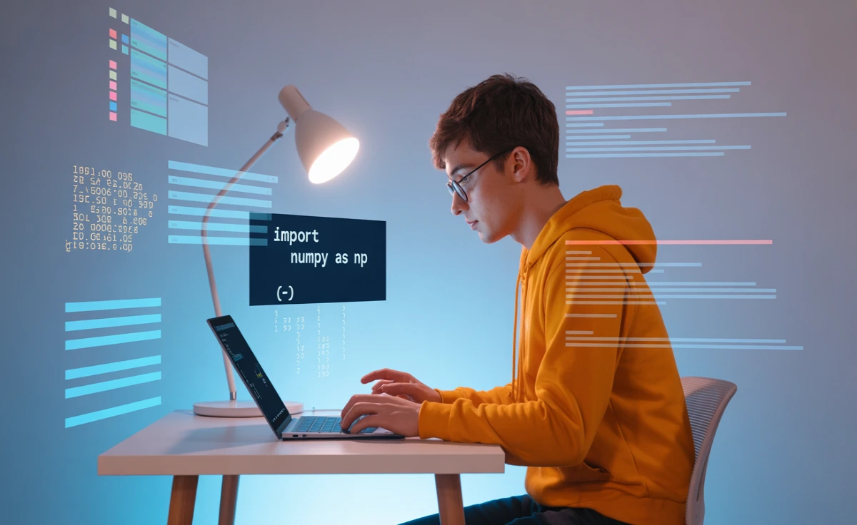 Illustration 3D d’un développeur étudiant Python sur un laptop, entouré de chiffres et de matrices colorées, code Numpy visible à l’écran, ambiance éducative et futuriste pour blog CoinDudev.