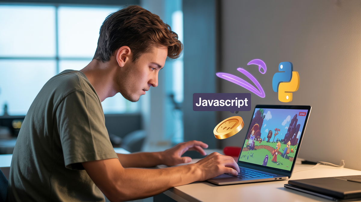 Jeune développeur codant un browser game sur son ordinateur portable avec des icônes JavaScript, Python et des pièces d’argent flottantes autour, illustrant comment gagner de l’argent avec un browser game en 2025. Style moderne, minimaliste et motivant.