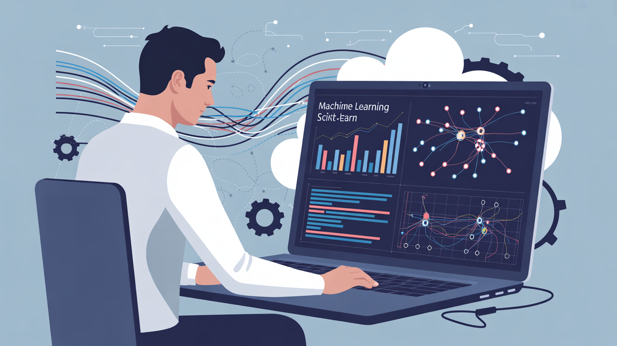 Développeur étudiant le machine learning avec Scikit-learn sur Python, entouré de graphiques et d’icônes d’intelligence artificielle.