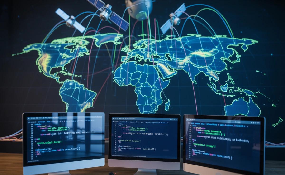 Carte numérique futuriste avec des points de données connectés et du code Python affichant Pandas et NumPy en SIG pour l’analyse géospatiale.